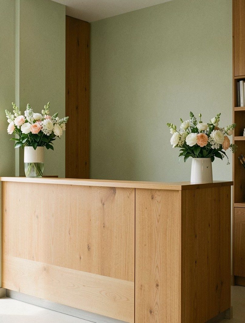 Empfangstresen mit frischen Blumen