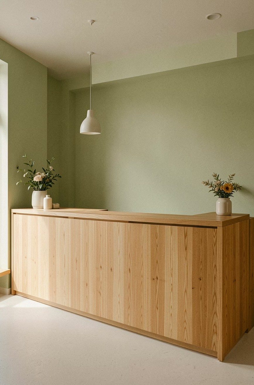 Empfangsbereich mit Holztresen und frischen Blumen